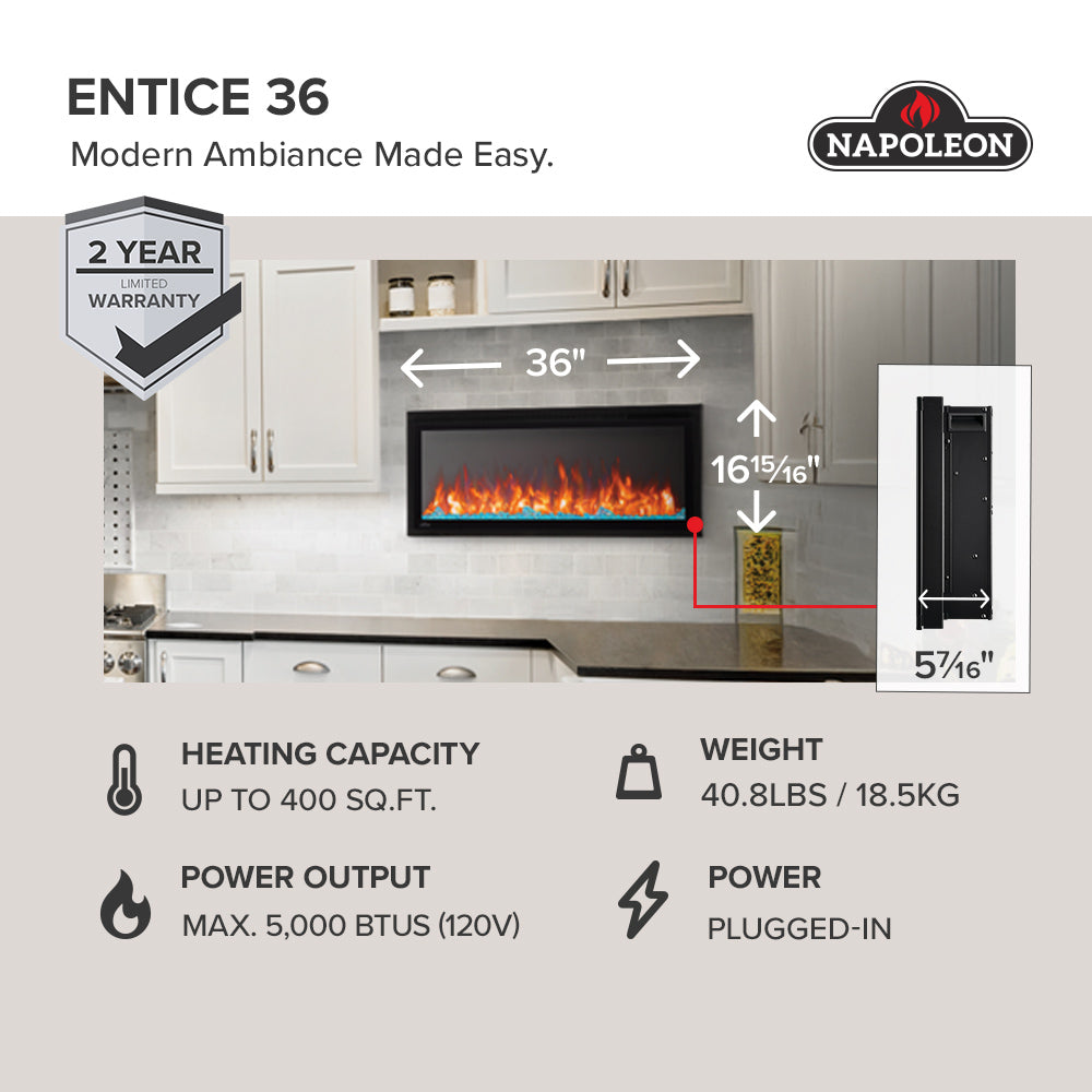 Napoleon Entice™ Electric Fireplace – Wall Mounted or Recessed Luxury