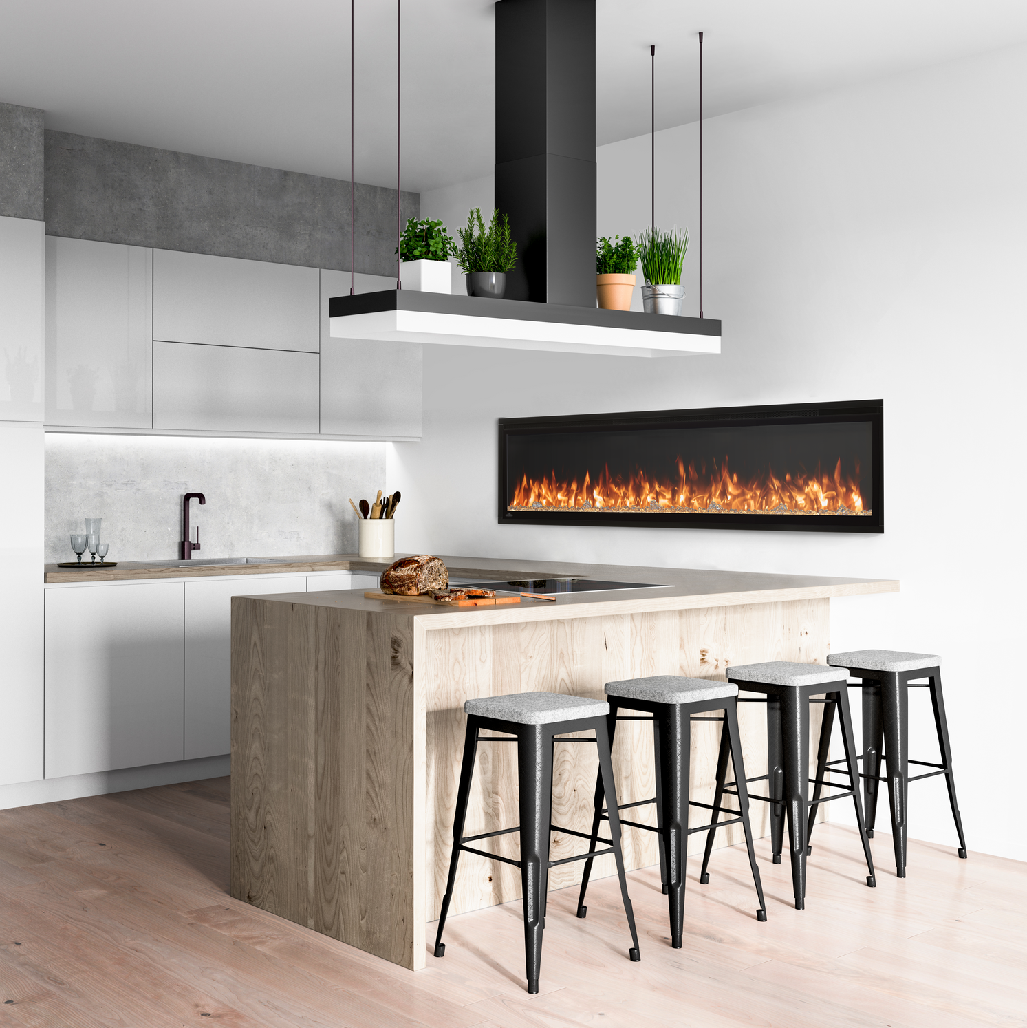 Modern kitchen with a fireplace and bar stools