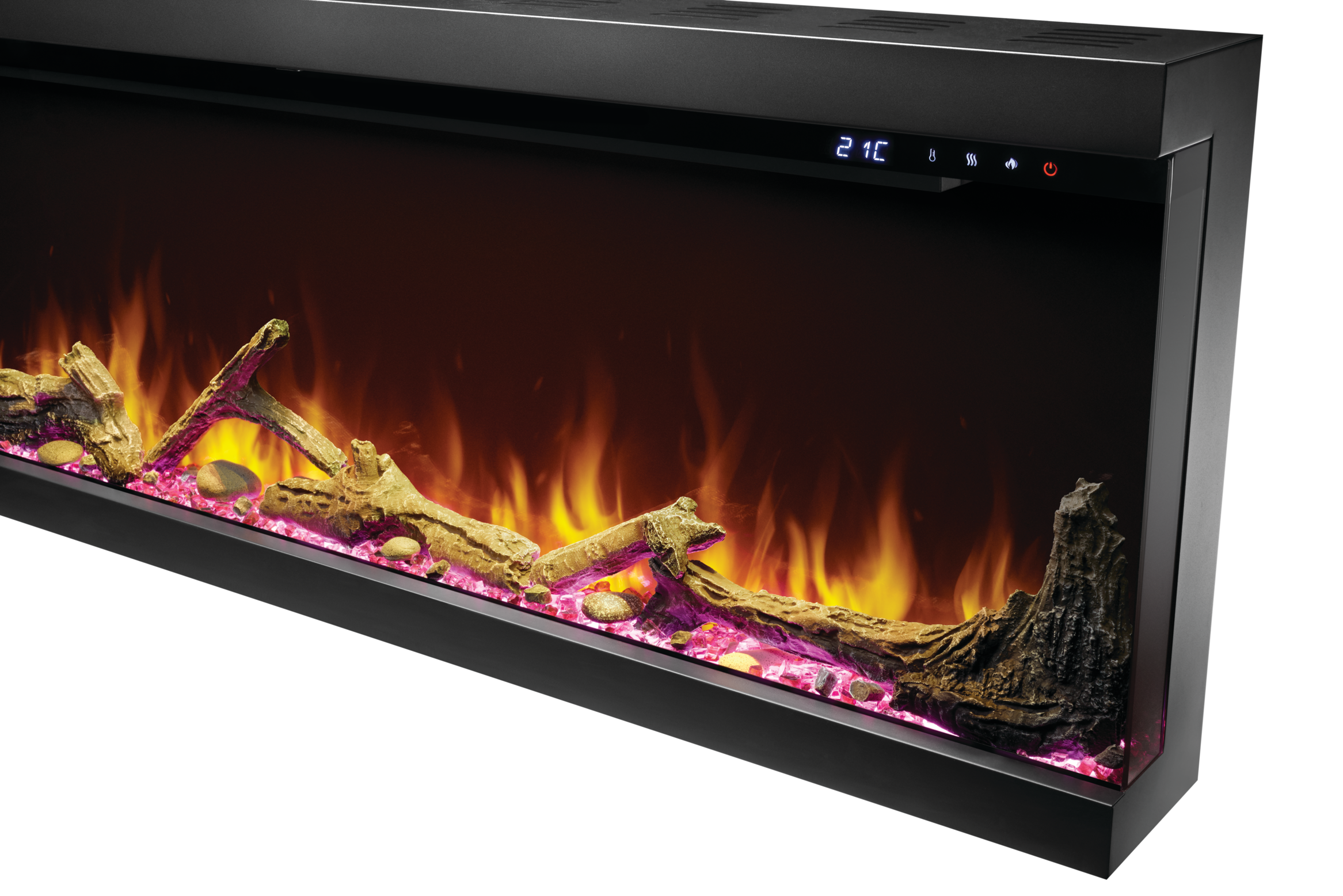 Electric fireplace insert with glowing logs and flames on a white background