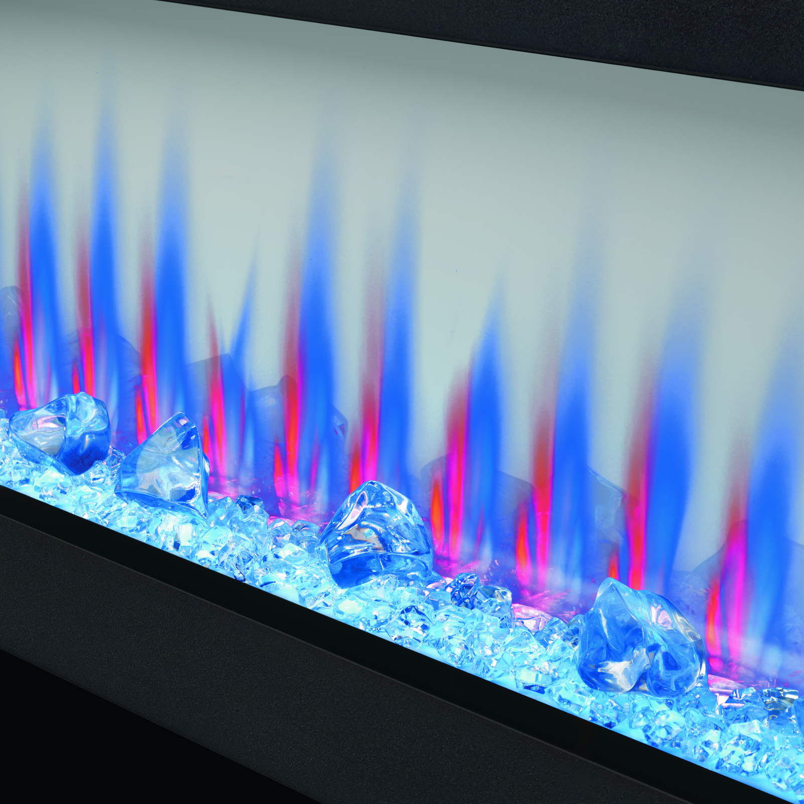 Modern electric fireplace with colorful flames and glass beads.