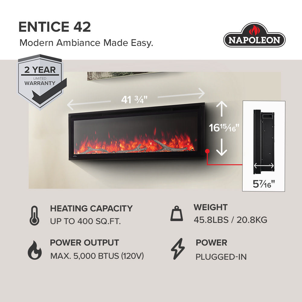 Napoleon Entice™ Electric Fireplace – Wall Mounted or Recessed Luxury