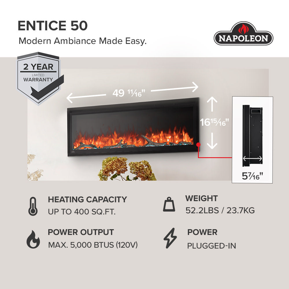 Napoleon Entice™ Electric Fireplace – Wall Mounted or Recessed Luxury