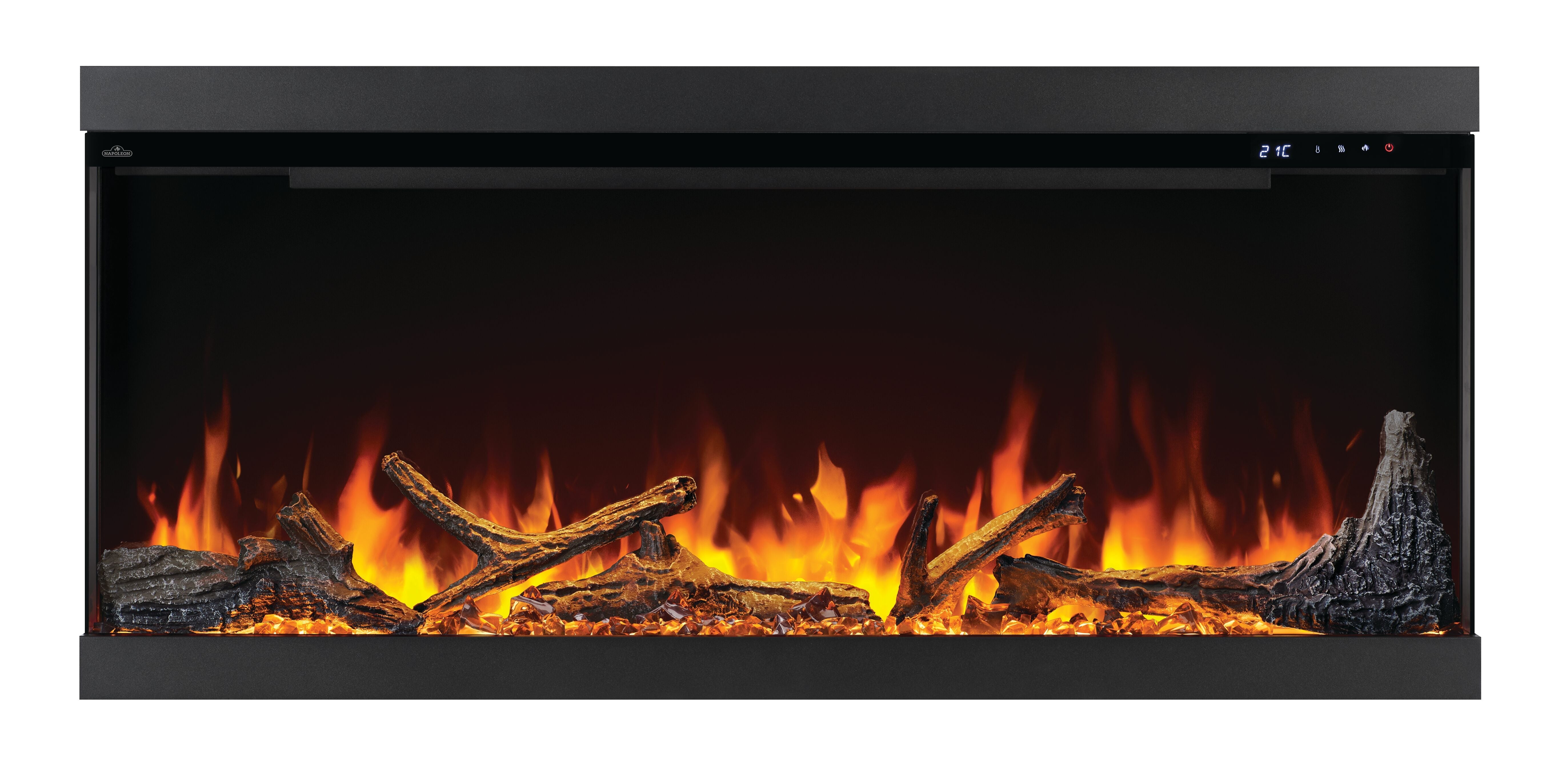 Electric fireplace with glowing logs and flames on a black background