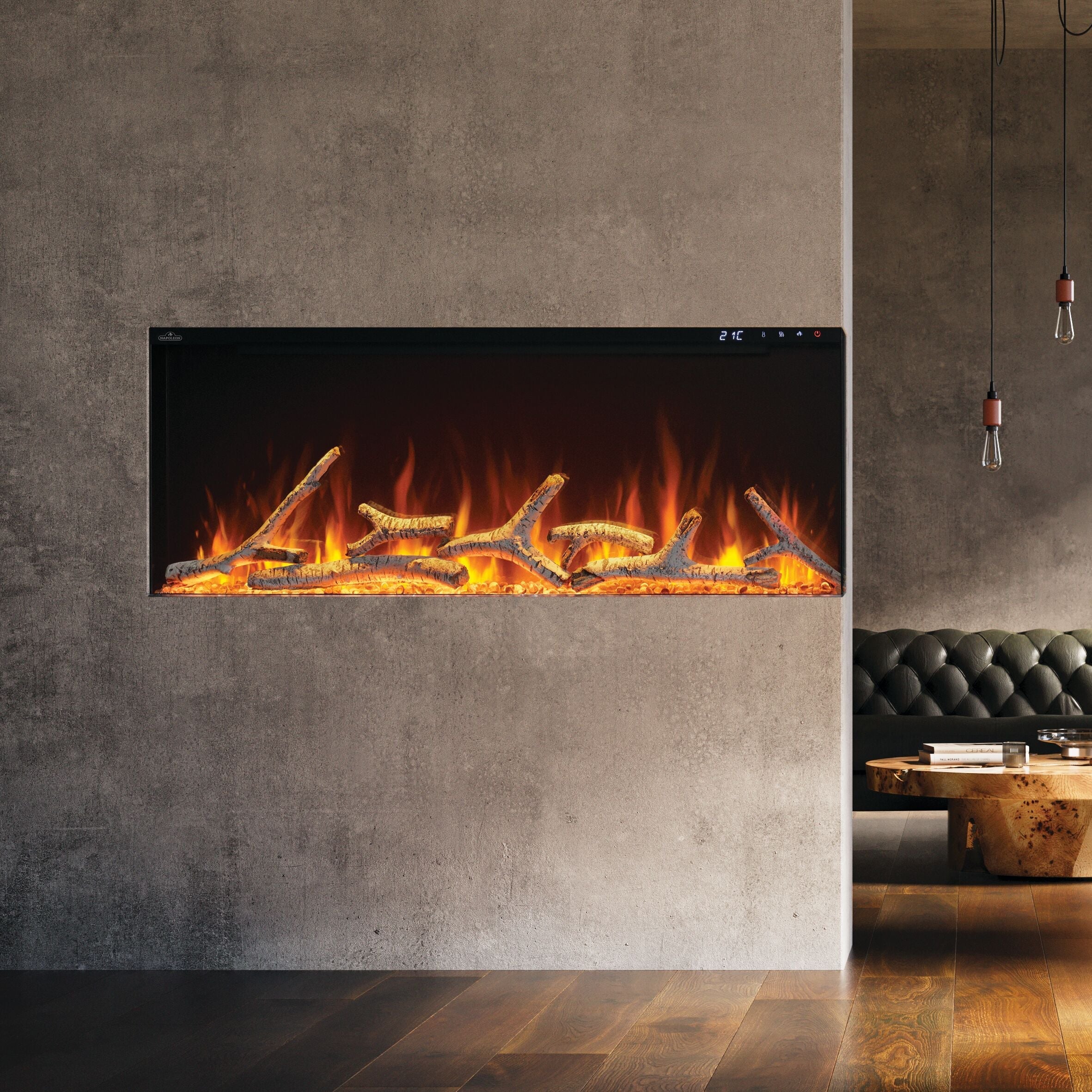 Modern living room with a wall-mounted electric fireplace and stylish decor.