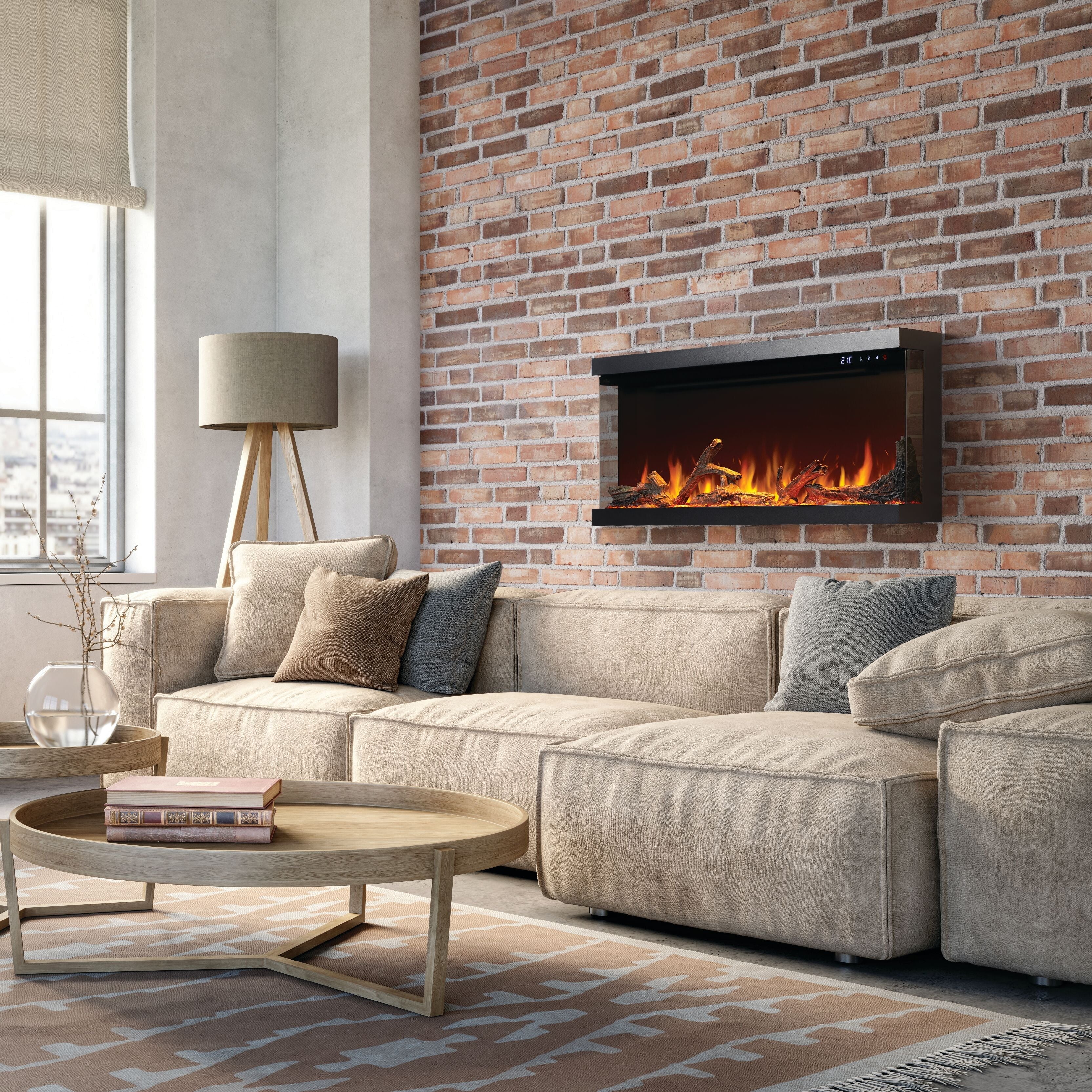 Modern living room with a beige sectional sofa, armchair, and wall-mounted fireplace.
