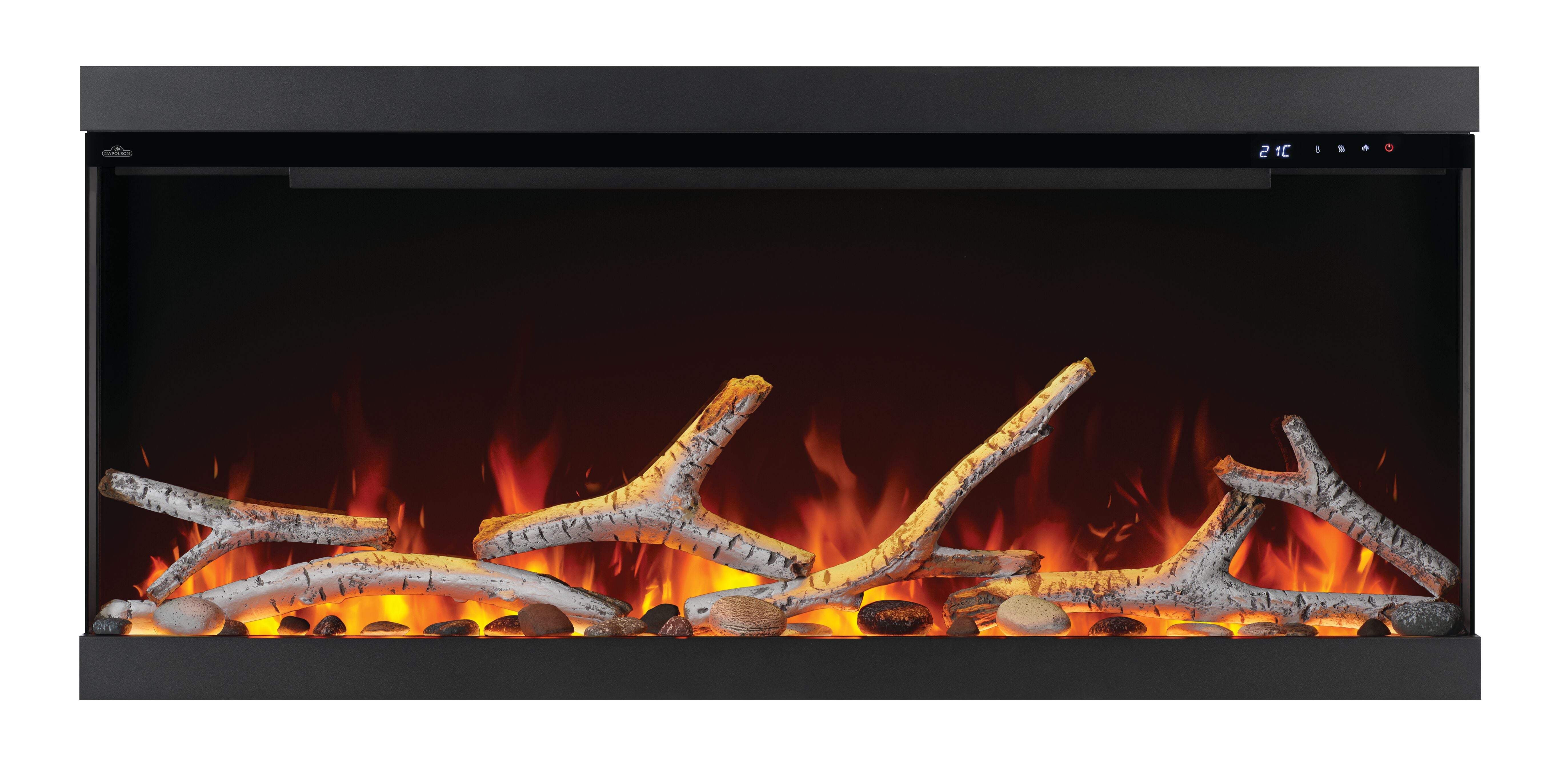 Electric fireplace insert with glowing logs and flames on a black background
