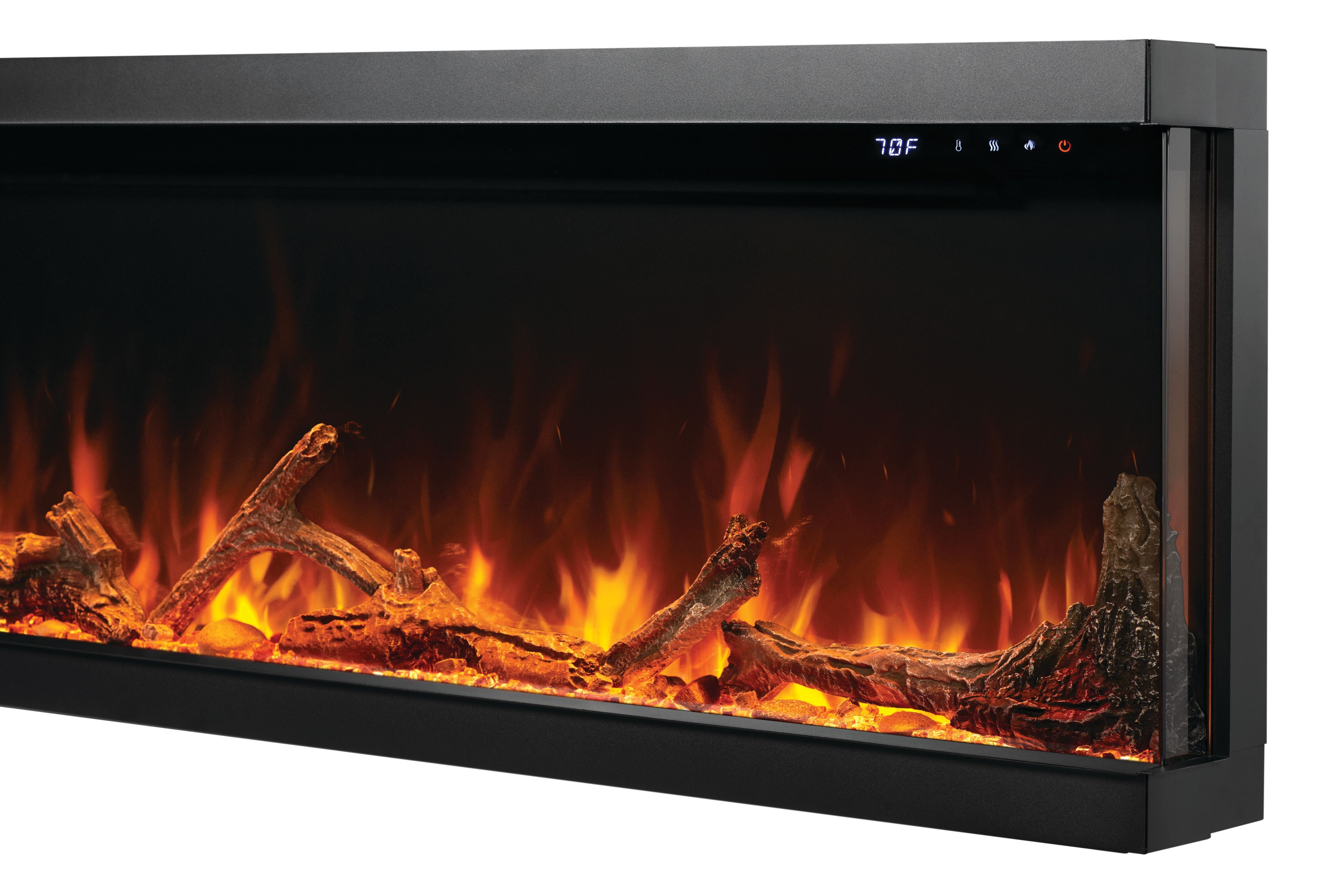 Electric fireplace insert with glowing logs and flames on a black background