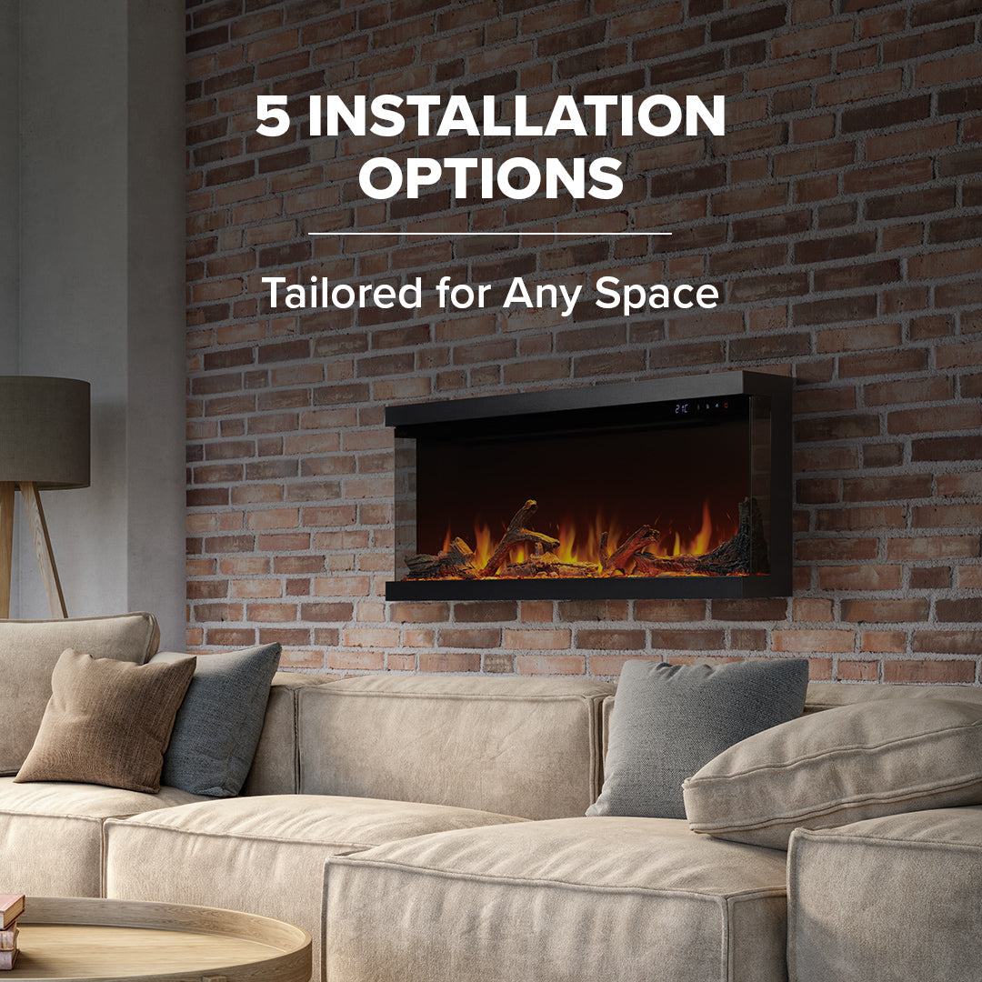 Modern living room with a brick wall and electric fireplace, featuring text about installation options.