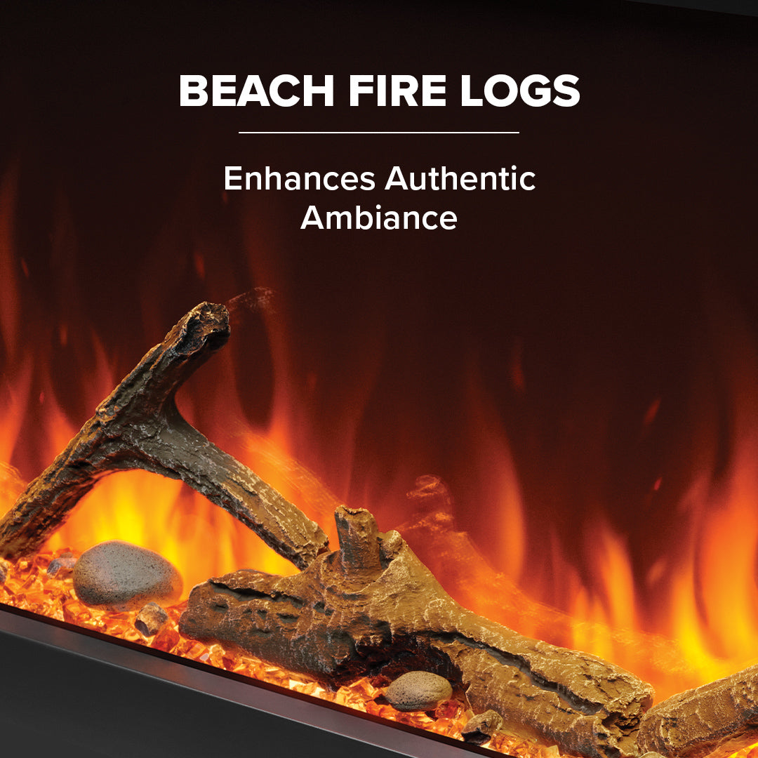 Beach fire logs with flames and text 'Beach Fire Logs Enhances Authentic Ambiance' on a dark background