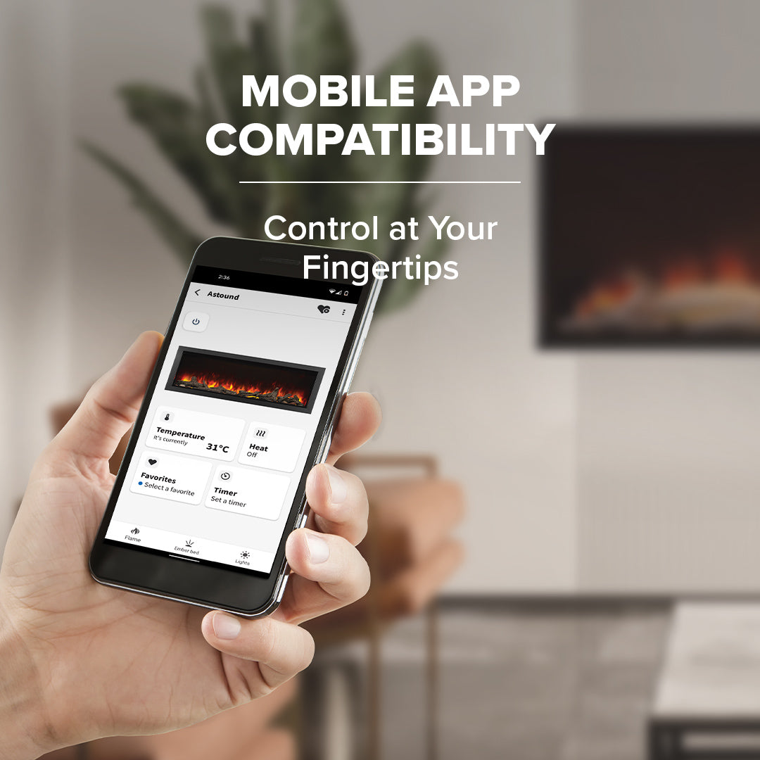 Hand holding a smartphone with a home control app displayed, with text 'MOBILE APP COMPATIBILITY' and 'Control at Your Fingertips'.