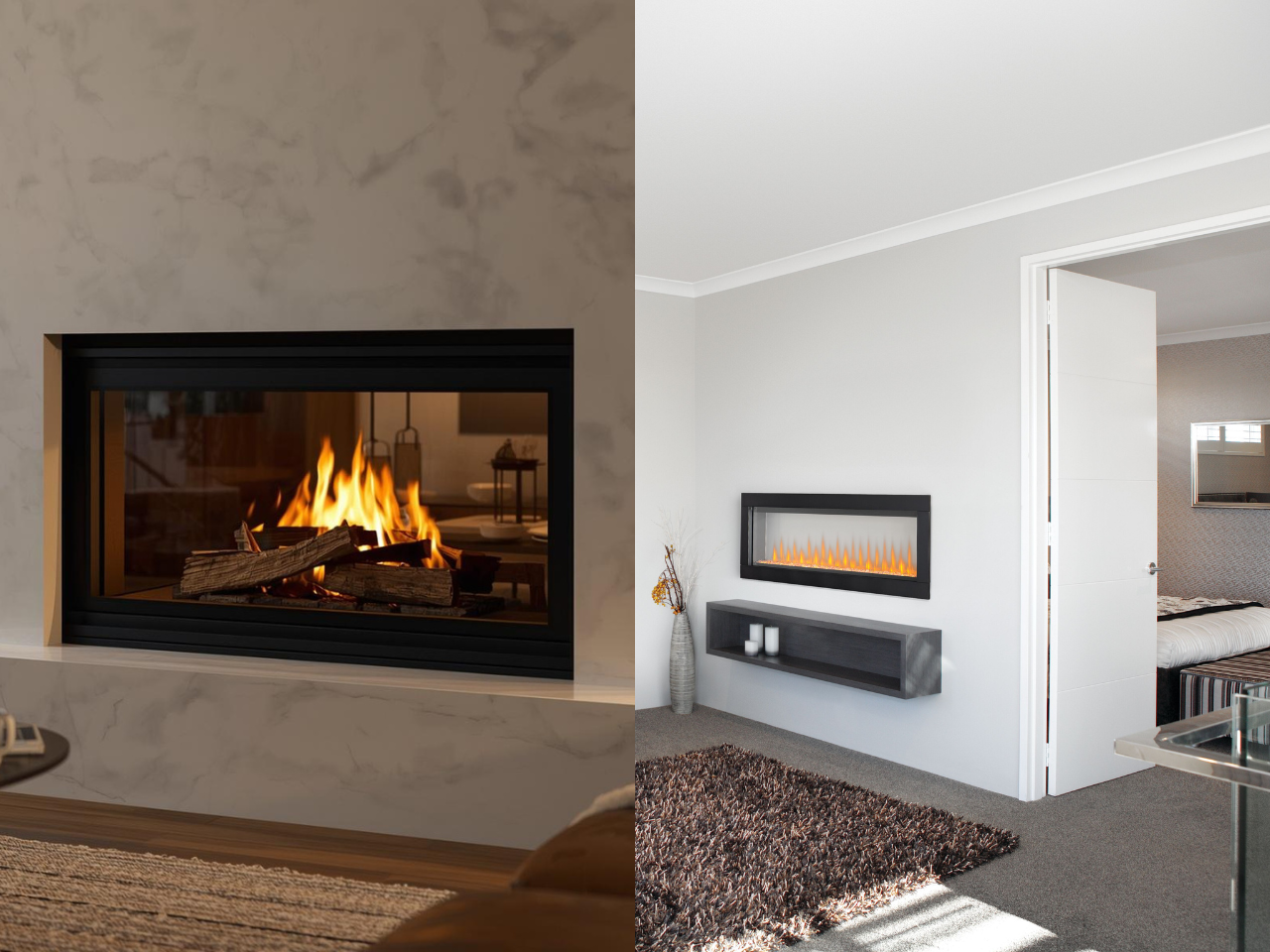 Split visual showing a luxurious double‑sided wood fireplace on the left and a sleek 3‑sided electric fireplace on the right.