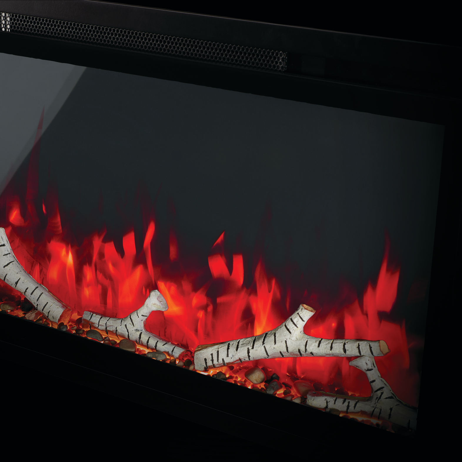 Electric fireplace insert with glowing red flames and birch logs on a black background