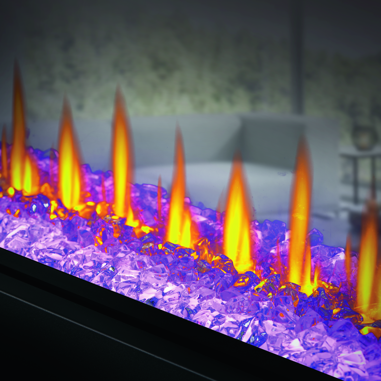 Fireplace with glowing flames and purple and blue lights
