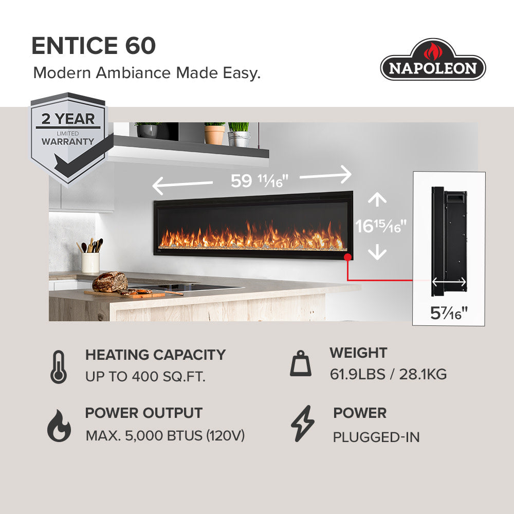 Napoleon Entice™ Electric Fireplace – Wall Mounted or Recessed Luxury