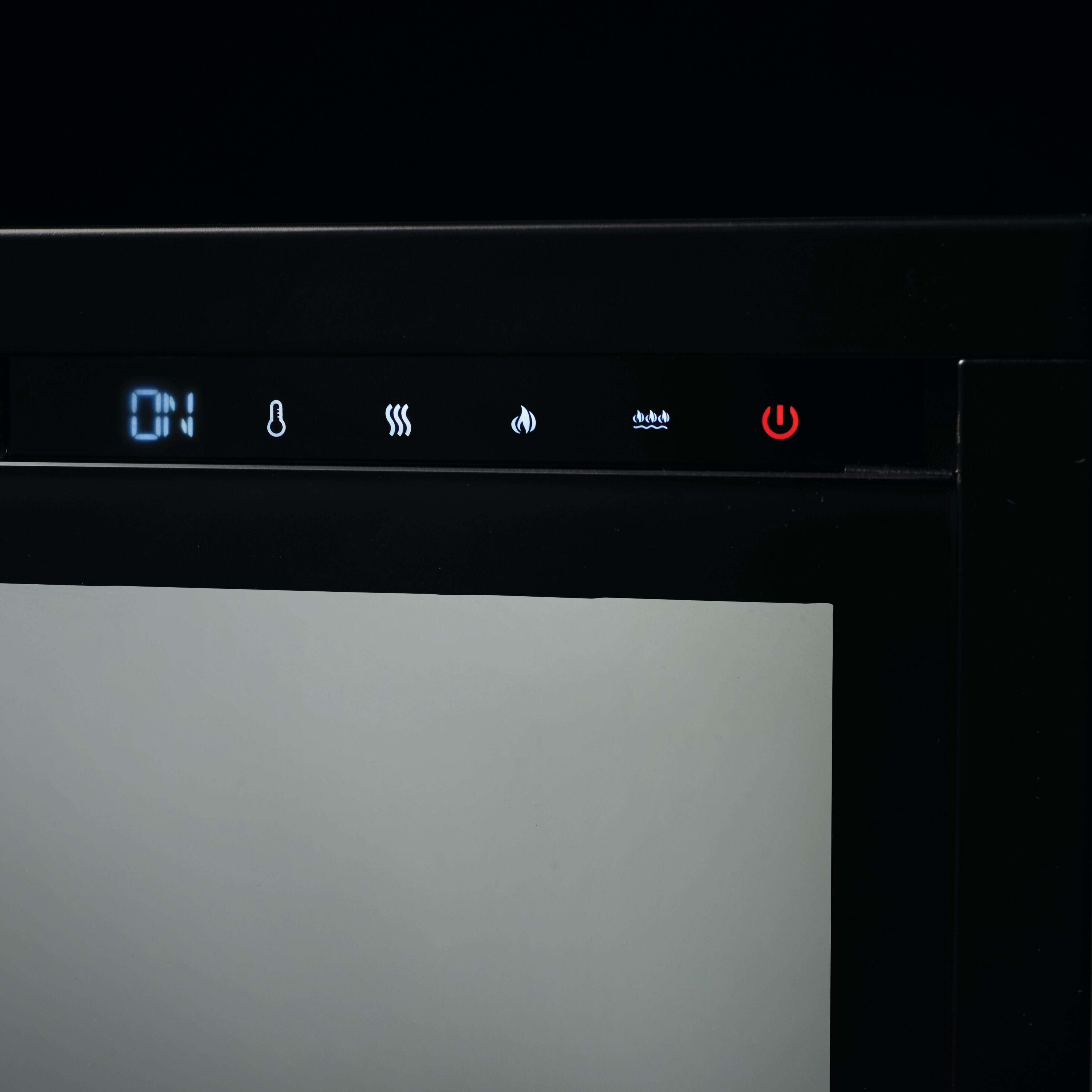 Control panel of a kitchen appliance with digital display and icons on a dark background