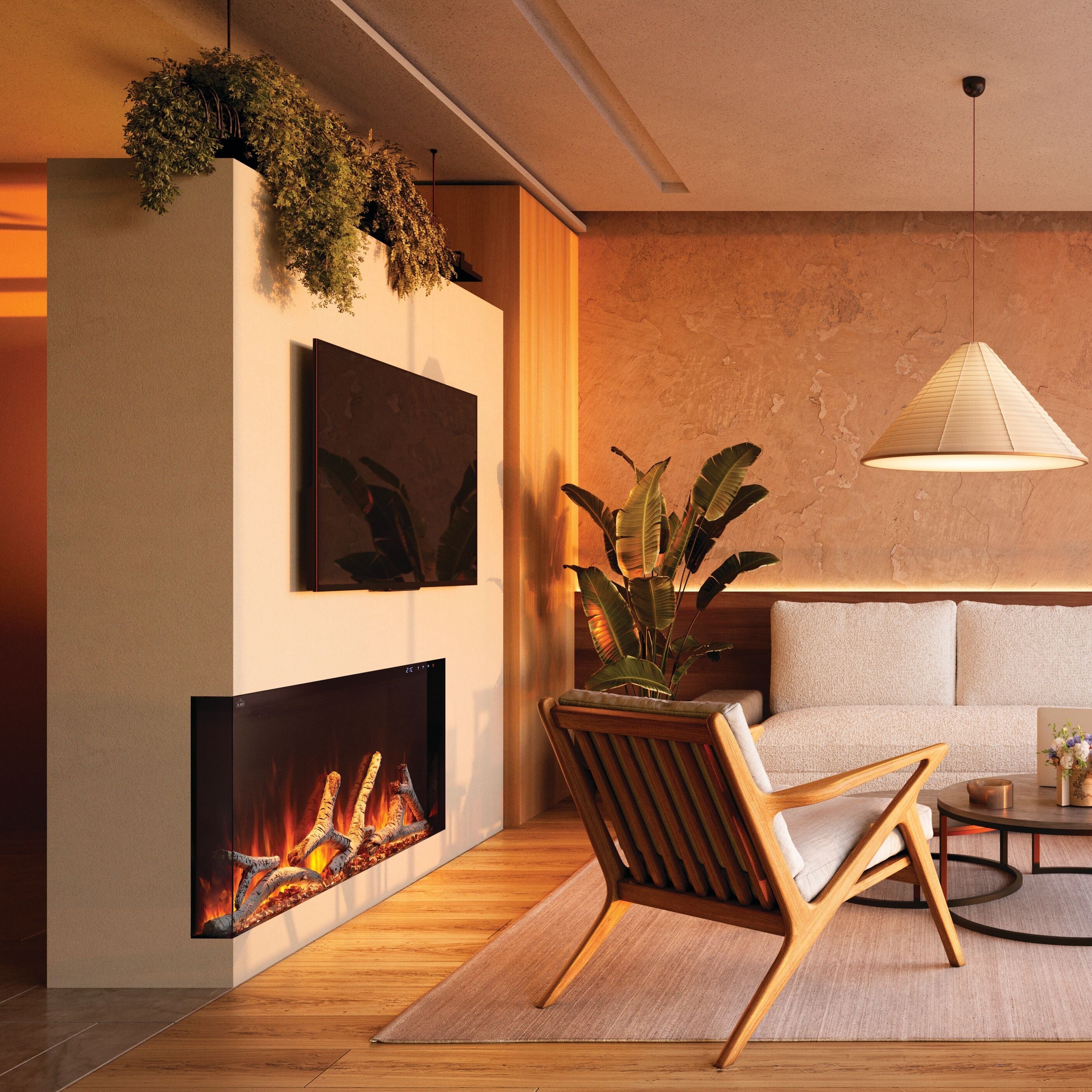 Modern living room with fireplace, sofa, and large windows.