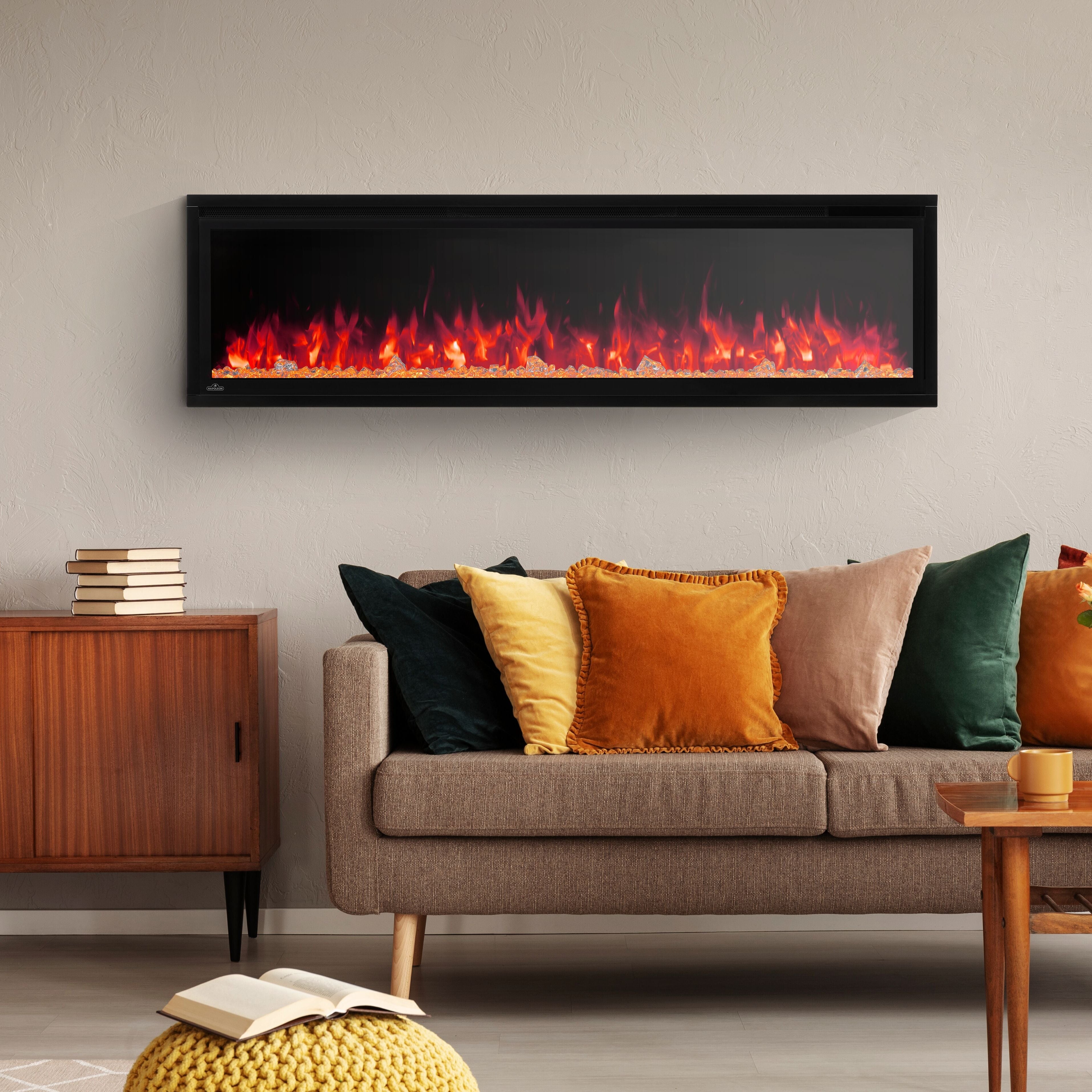 Living room with a wall-mounted electric fireplace, sofa, and side table.