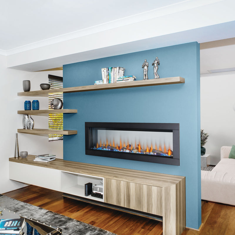 Modern living room with a blue wall, electric fireplace, and shelves.
